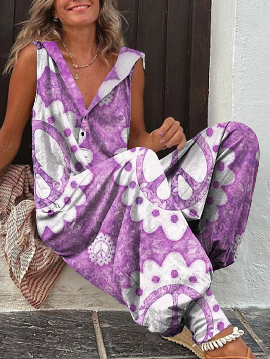 Women's Retro Peace Sign Hippie Print Casual 100% Cotton Wide Leg Jumpsuit