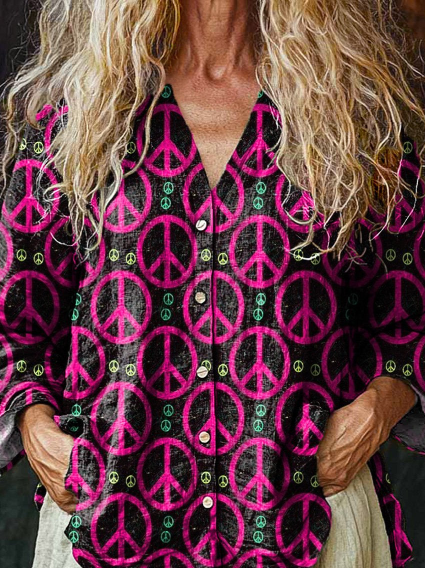 Hippie Peace Pattern Printed Women's Linen And Cotton V-Neck Casual Shirt