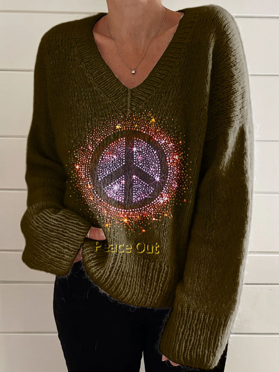 Women's Peace Out Art Print Casual V-neck Pullover Knit