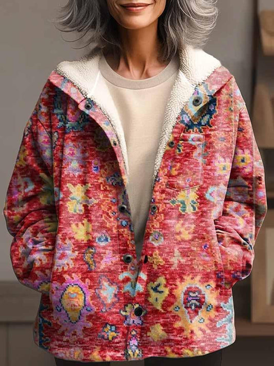 Women's Ethnic Art Print Waffle Plush Thick Long-Sleeved Hooded Coat