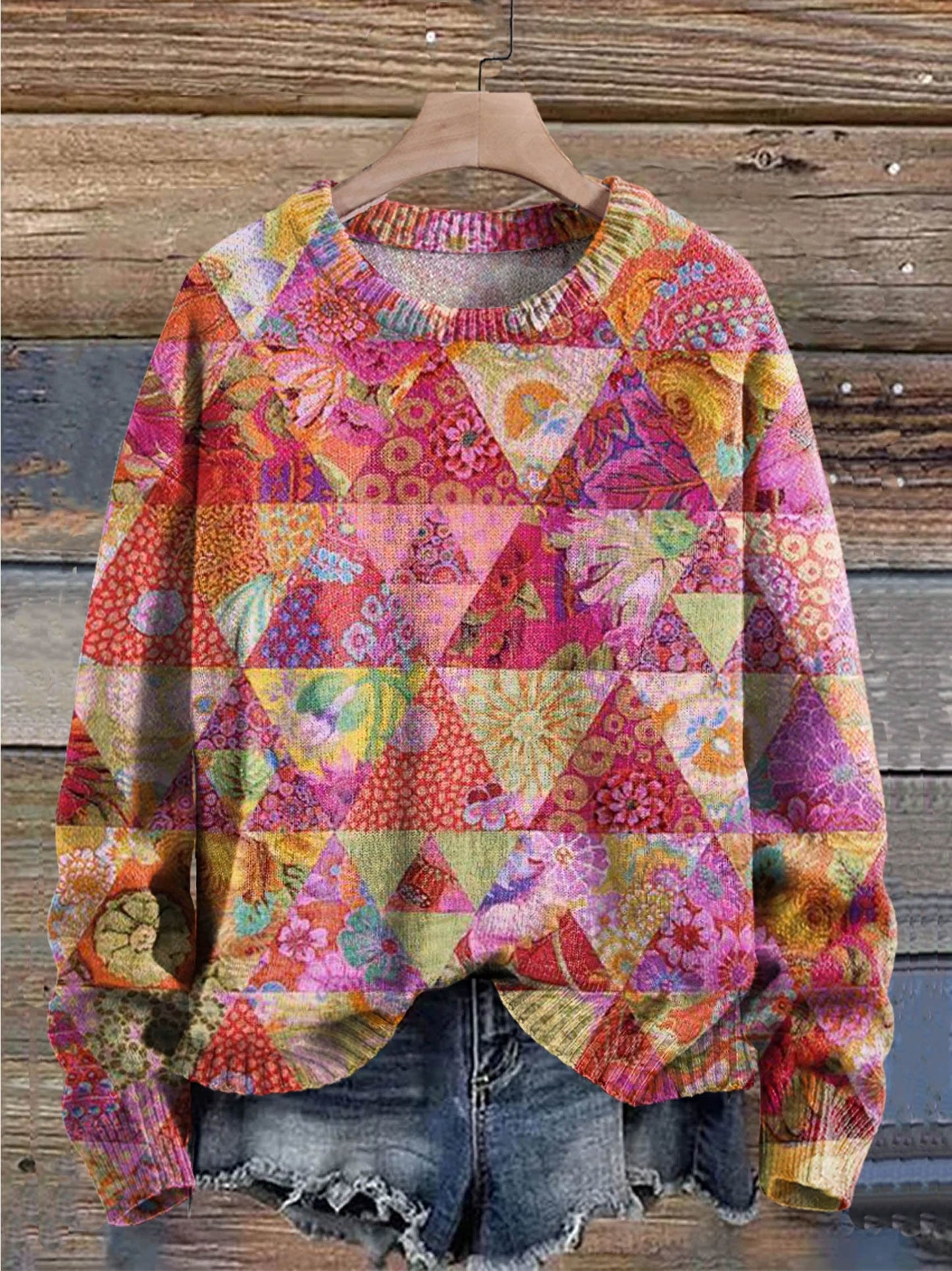 Colorful Triangle Plaid Flowers Print Knit Pullover Sweater