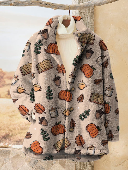 Women's Autumn Leaves And Fruit Casual Sherpa Coat Cardigan