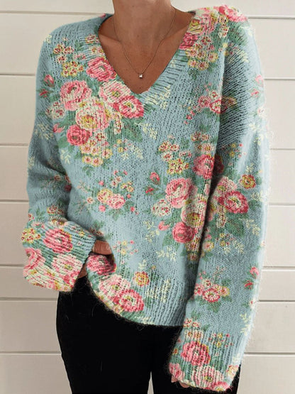 Women's Lovely Floral Art Print Casual V-neck Pullover Knit