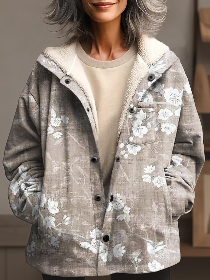 Women's Floral Art Print Waffle Plush Thick Long-Sleeved Hooded Coat