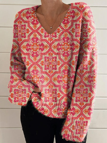 Ethnic Style Geometric Pattern Printed Women's Casual V-Neck Pullover Knit