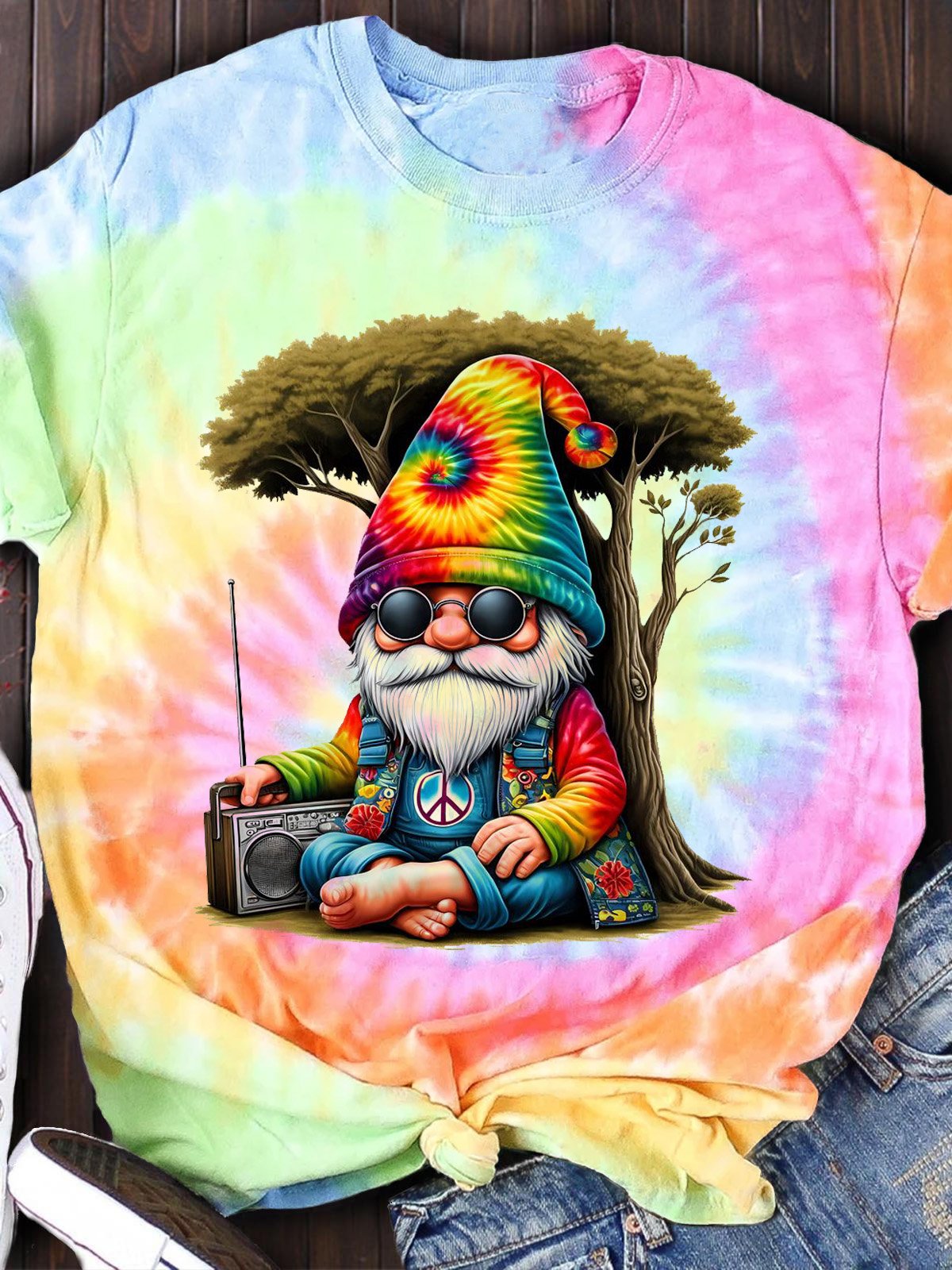 Colorful Tie Dye Hippie Old Man Print T-shirt