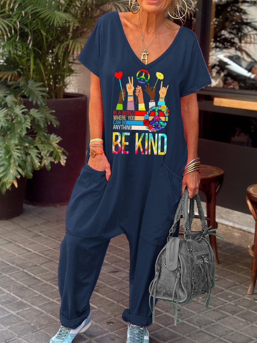 In A World Where You Can Be Anything Be Kind Peace Symbol Hippie Art Print Casual 100% Cotton Wide Leg Jumpsuit