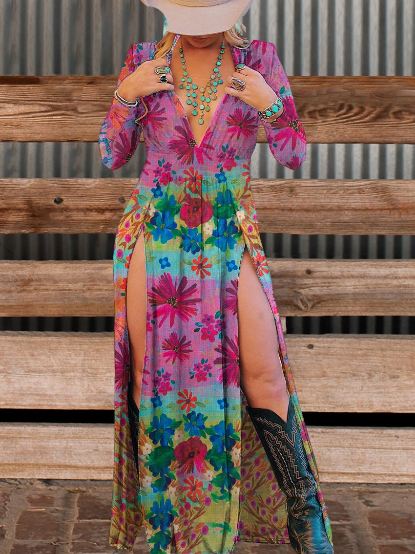 Women's Colorful Floral Art Print Slit Deep V Neck Dress