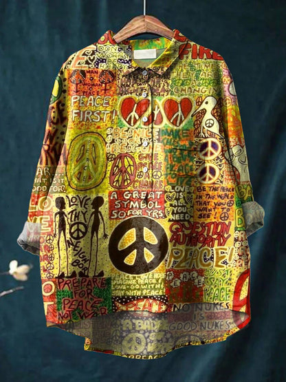 Peace And Love Hippie Art Print Casual Cotton And Linen Shirt