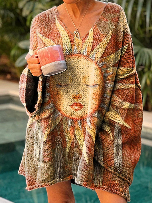 Women's Vintage Sun God Pattern Art Print Casual Pullover Sweater