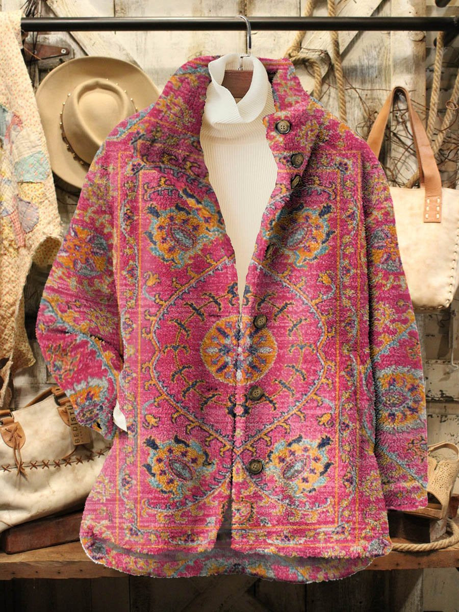 Women's Retro Floral Totem Print Casual Sherpa Coat Cardigan