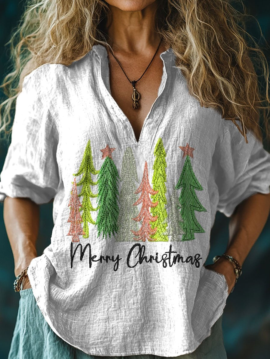 Women's Merry Christmas  Print Casual Linen V-neck Shirt