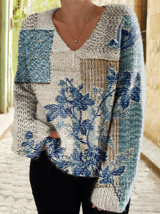 Women's Floral Panel Casual V Neck Pullover Sweater