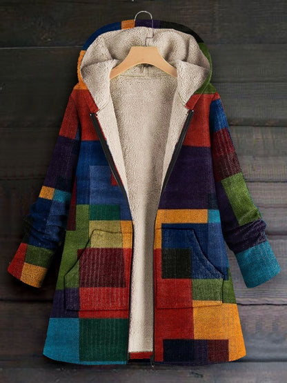Women's Colour Blocking Art Print Casual Winter Warm Cosy Long Sleeve Fleece Coat