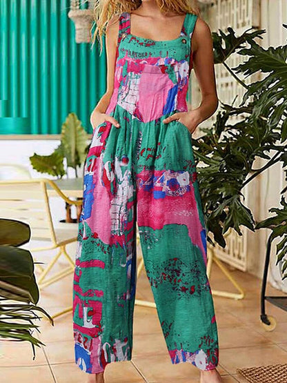 Floral Pattern Hippie Art Print Casual 100% Cotton Wide Leg Jumpsuit