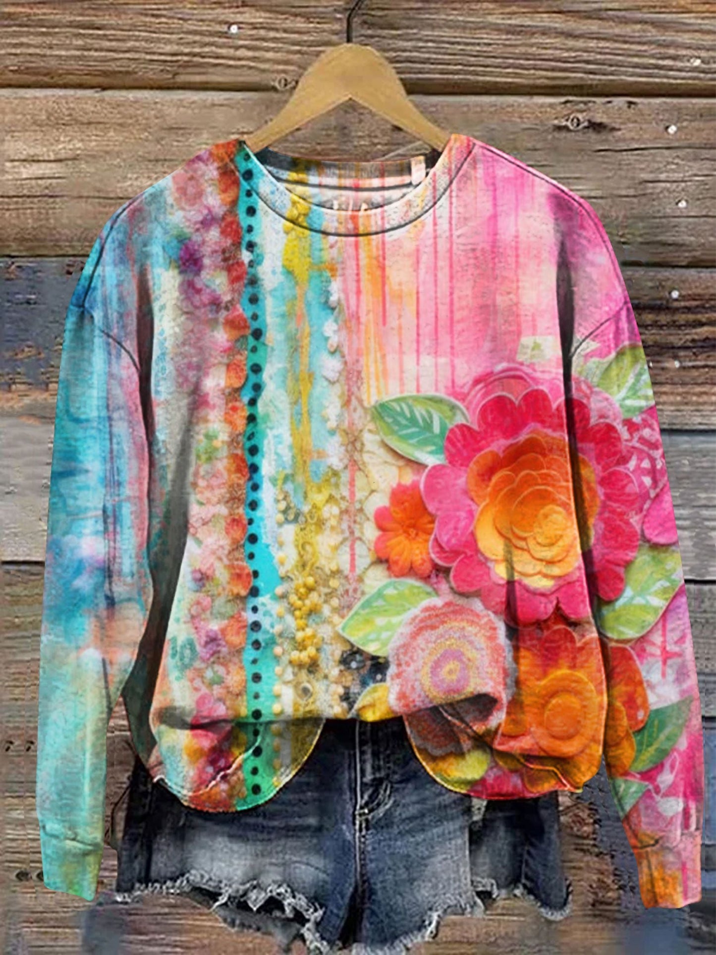 Women's Floral Tie-Dye Art Print Casual Sweatshirt