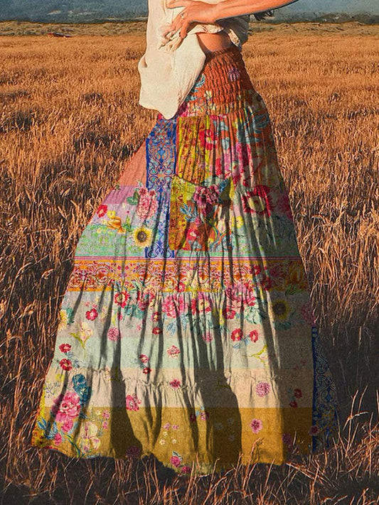 Women's Patchwork Hippie Art Print Casual Maxi Skirt