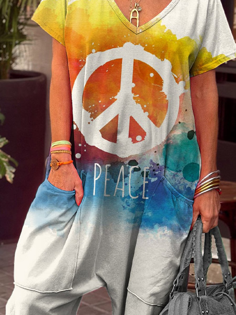 Women's Vintage Hippie Peace And Love Tie Dye Art Print Casual 100% Cotton Wide Leg Jumpsuit