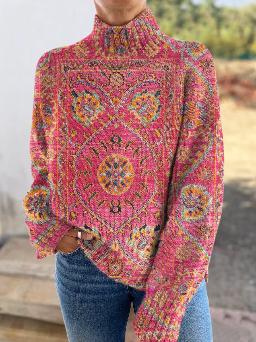 Retro Floral Totem Print Knit Turtleneck Pullover Sweater