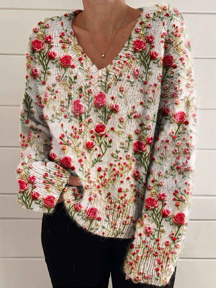 Women's Retro Flower Art Print Casual V-neck Pullover Knit