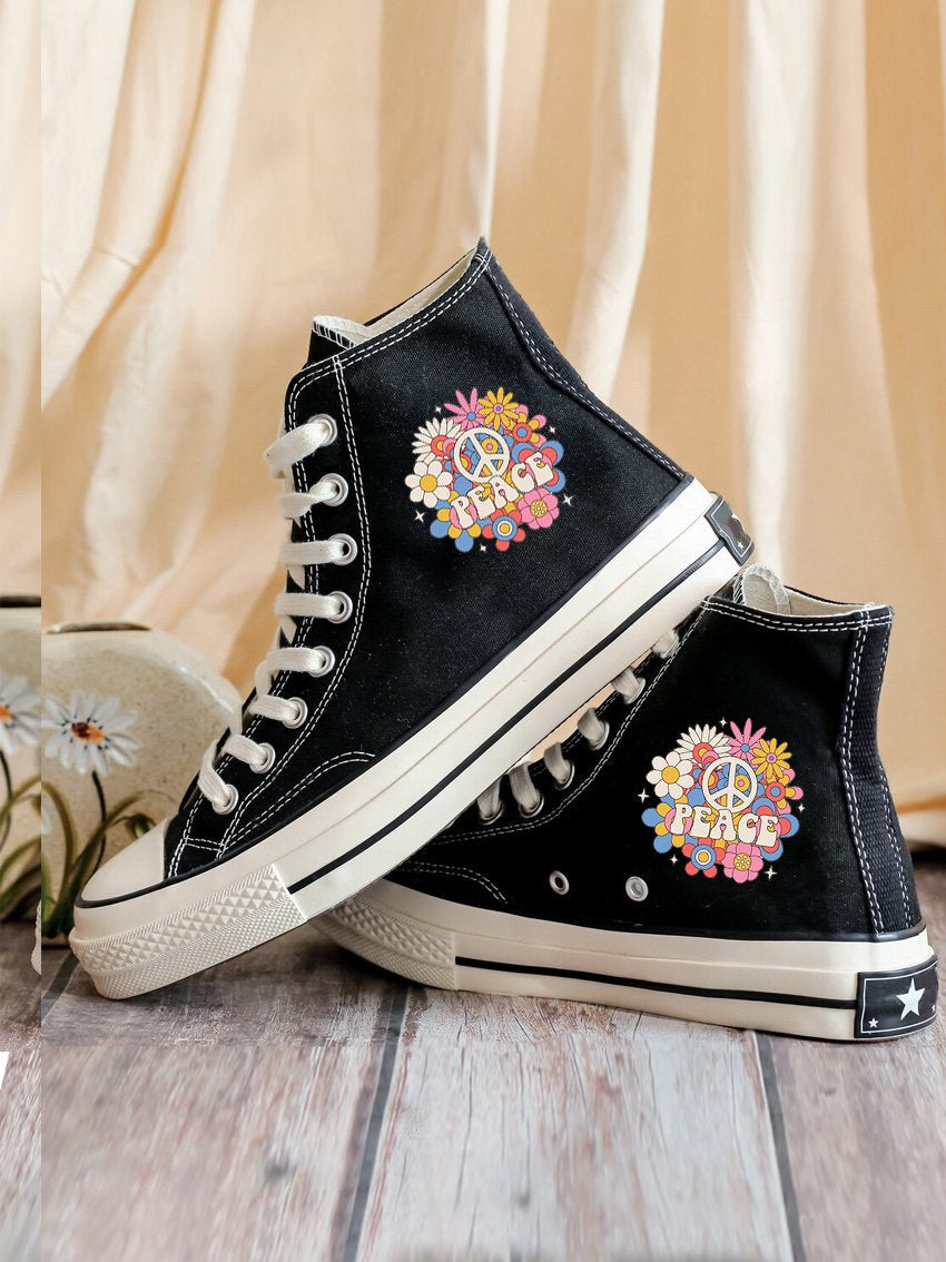 Peace & Flowers Sign Canvas Shoes