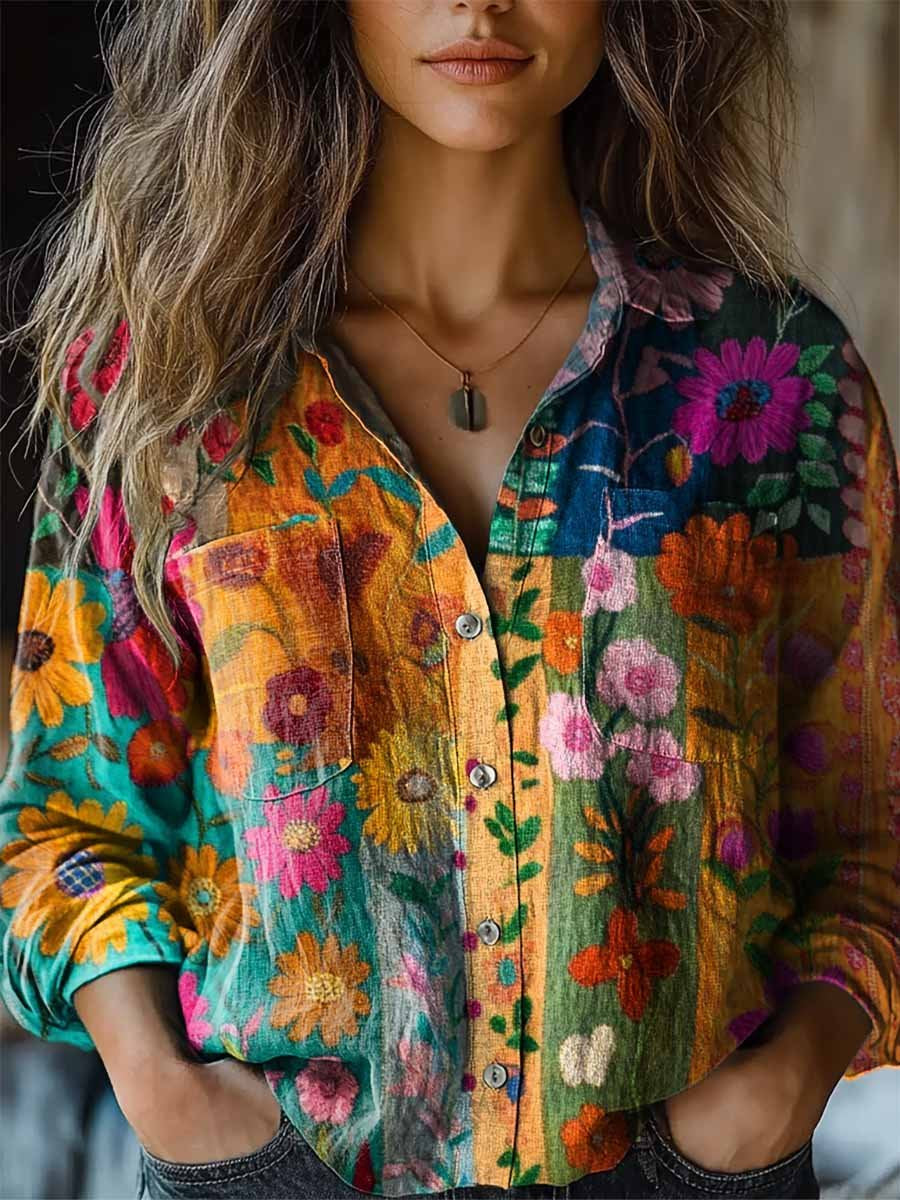 Women's Colorful Floral Contrast Print Casual Long Sleeve Comfortable Cotton Shirt