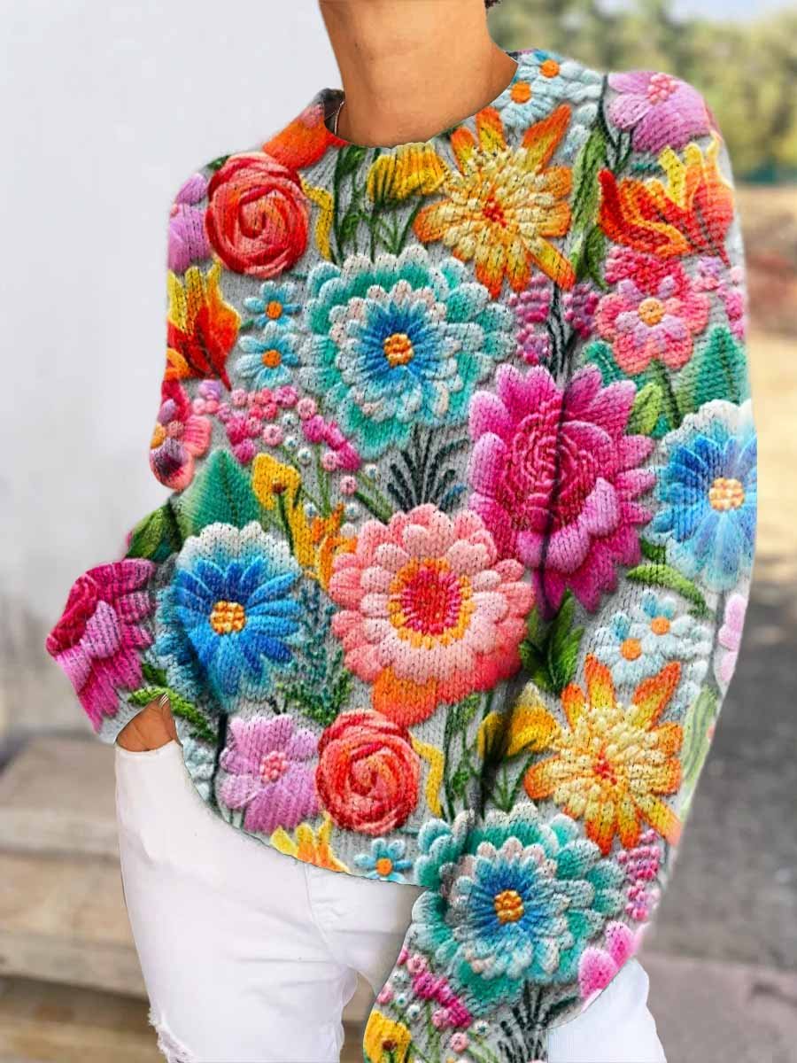 Women's Colorful Embroidery Flowers Seamless Pattern V-neck Pullover Knitted Sweater