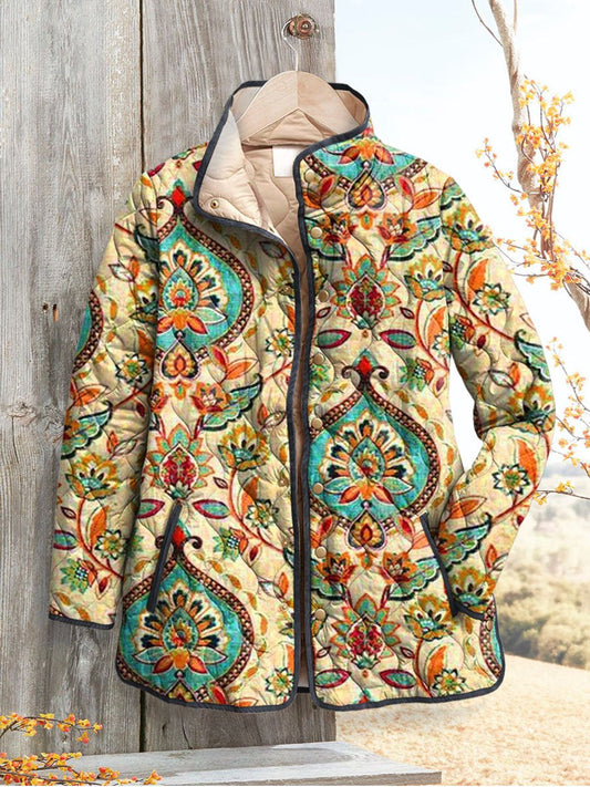 Women's Vintage Lovely Floral Art Print Casual Quilted Cardigan