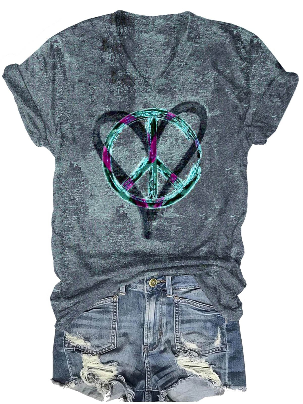 Peace And Love Art Print Casual  T-shirt