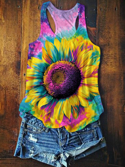 Hippie Sunflower Printed Casual Tank Top