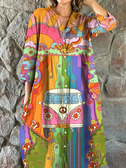 Vintage Hippie Art Print Chic col en V trois quarts manches boutonnée élégante robe Midi